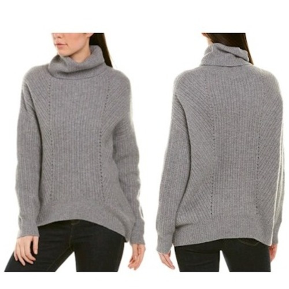 Magaschoni 100% Cashmere Rib Pointelle Turtleneck Sweater Light Gray Size XS NEW